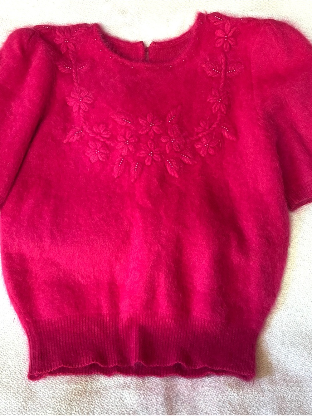 Vintage 80% Angora Pink Fuzzy Sweater Floral Embroidered Beaded Short Sleeve